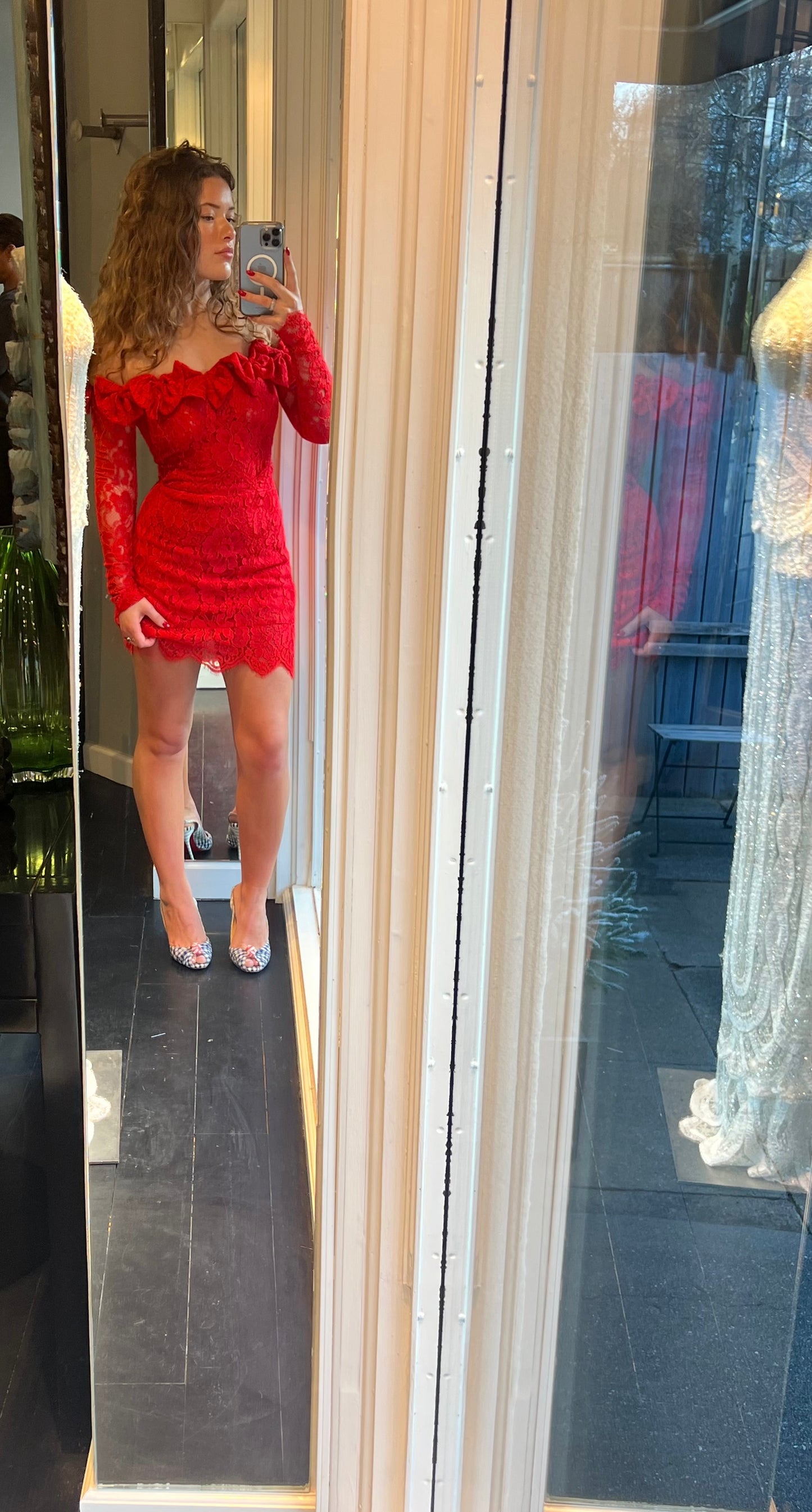 Red Lace Off-Shoulder Dress with Bows