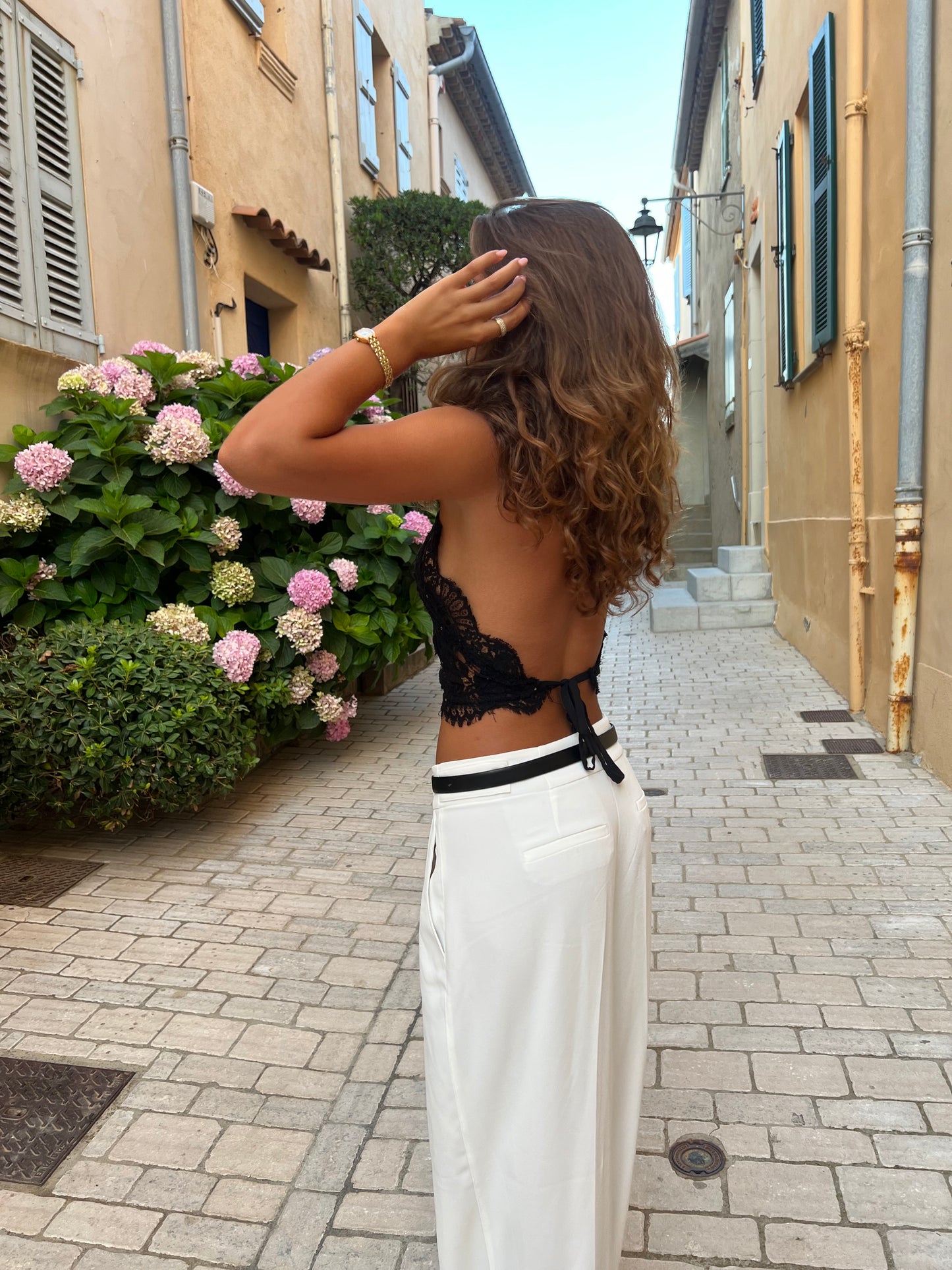 Small Black Open-Back Lace Top with Stones