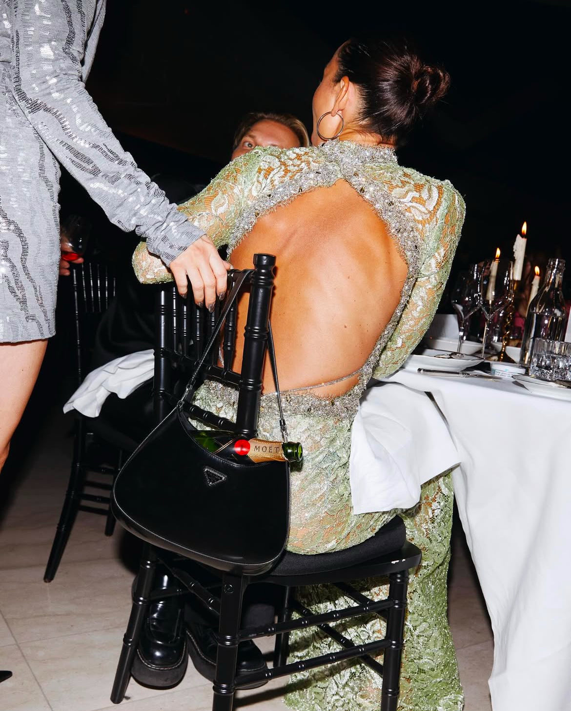 Metallic Green Dress with Low Open Back