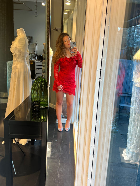 Red Lace Off-Shoulder Dress with Bows